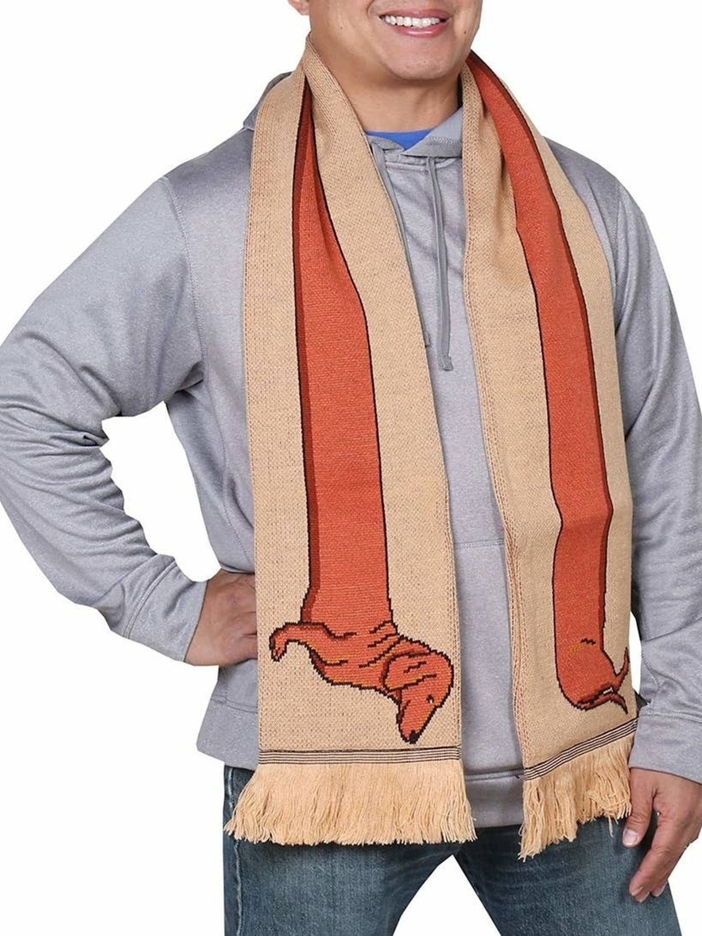 Cozy Novelty Dachshund Wiener Dog Knit Scarf Tan/Orange Fringe Long